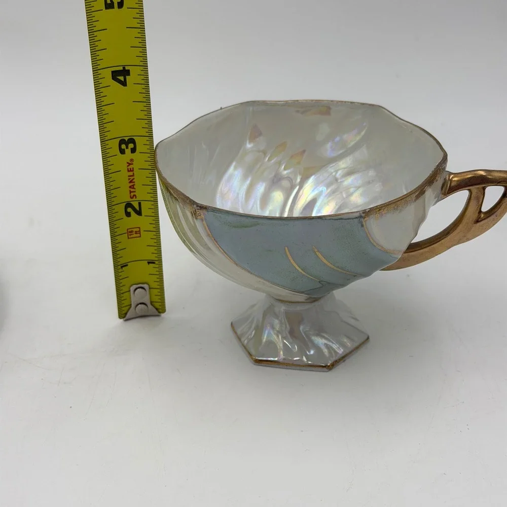 Vtg Lustreware Iridescent Footed Teacup and Reticulated Saucer Set Gold Trim
